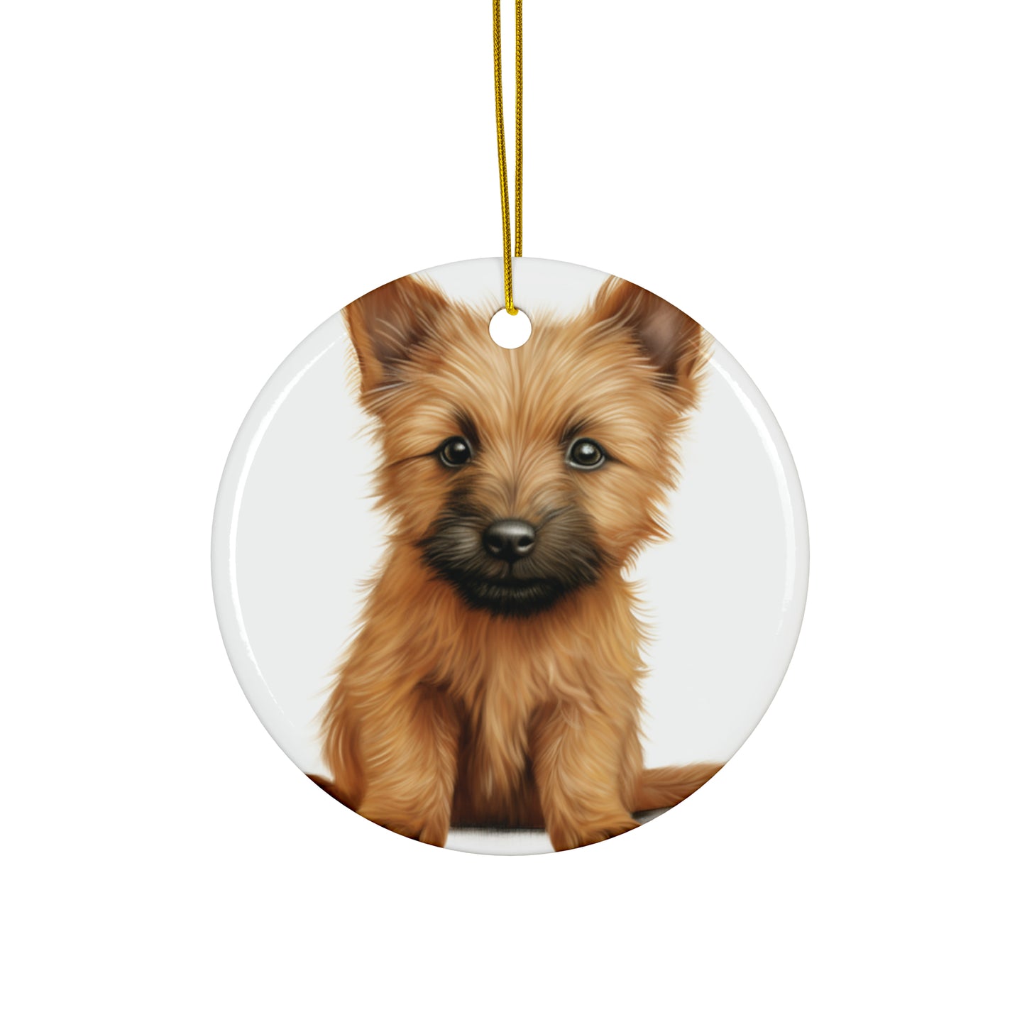 DistinctInk Hanging Ceramic Christmas Tree Ornament with Gold String - Great Gift/Present - 2 3/4 inch Diameter - Norwich Terrier Puppy Drawing Design