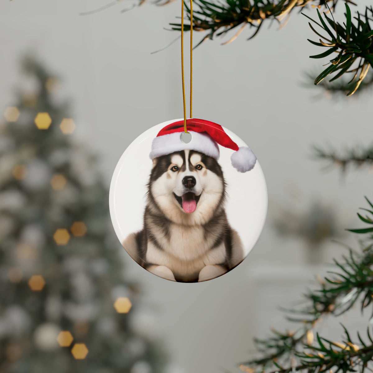 Hanging Ceramic Christmas Tree Ornament with Gold String - Alaskan Malamute Design, view 3