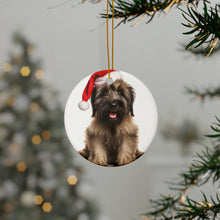 DistinctInk Hanging Ceramic Christmas Tree Ornament with Gold String - Great Gift/Present - 2 3/4 inch Diameter - Briard Puppy Design