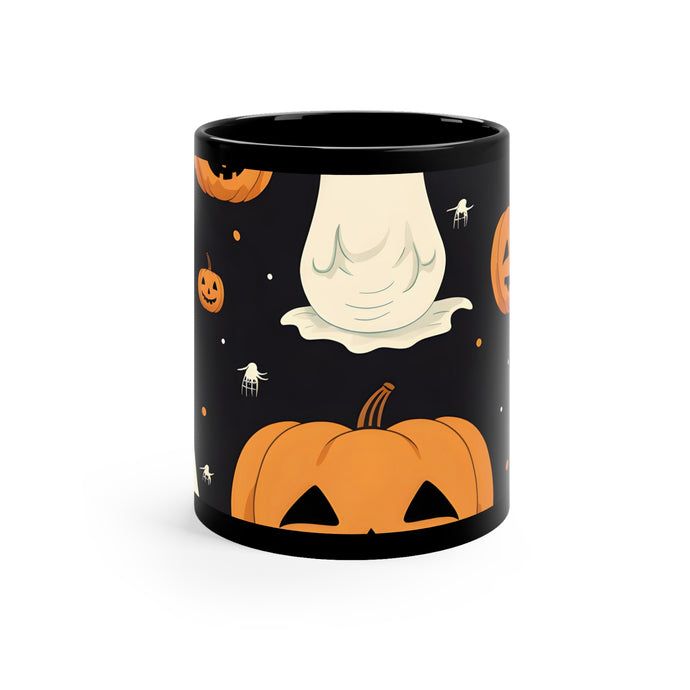 DistinctInk Black Coffee Mug - Spooky Skeleton Pumpkin Patch for Halloween