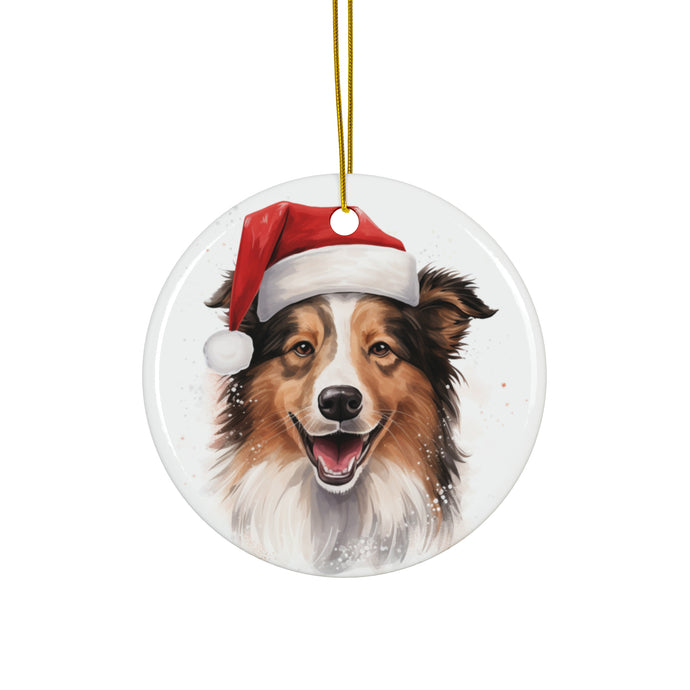 DistinctInk Hanging Ceramic Christmas Tree Ornament with Gold String - Great Gift/Present - 2 3/4 inch Diameter - Collie Design