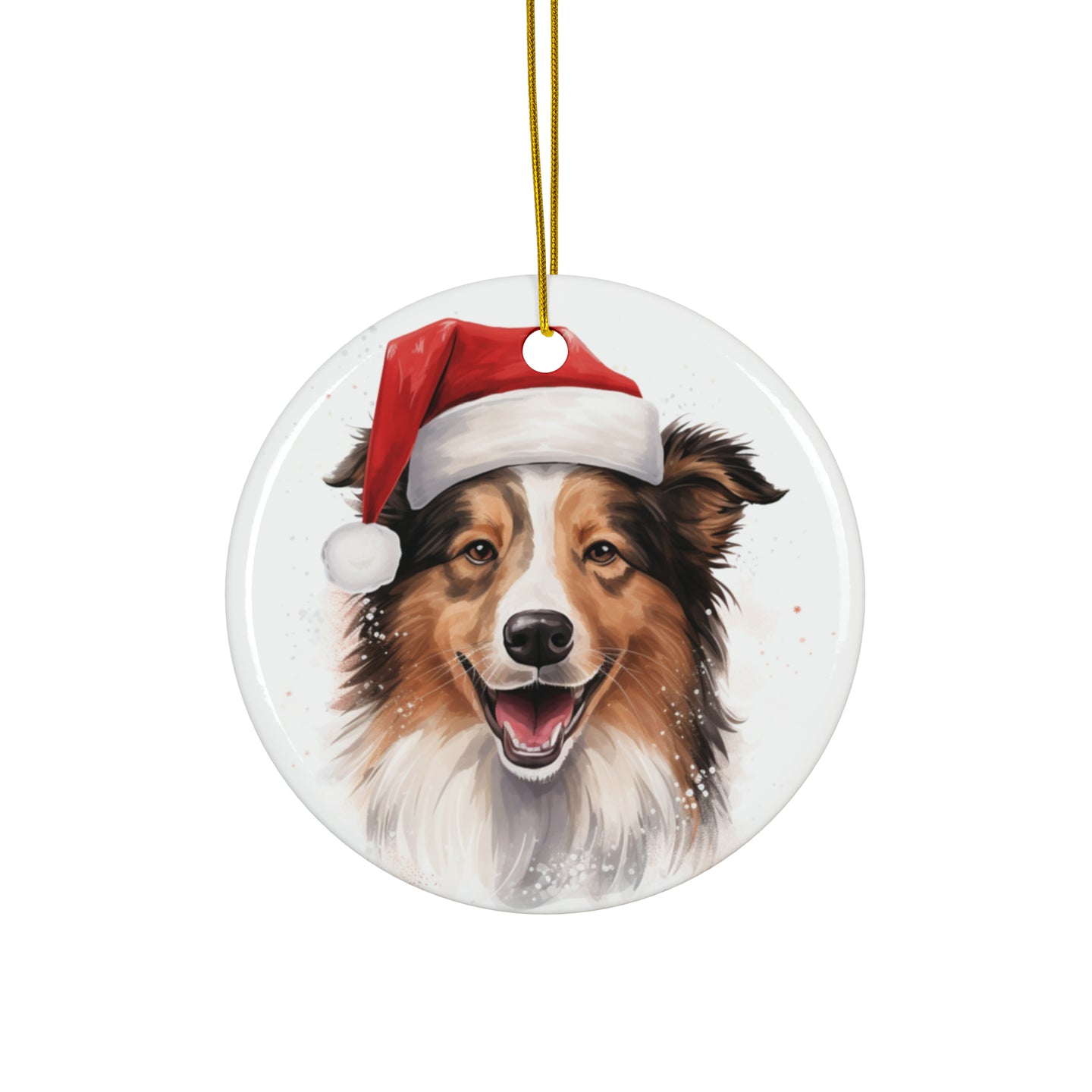 DistinctInk Hanging Ceramic Christmas Tree Ornament with Gold String - Great Gift/Present - 2 3/4 inch Diameter - Collie Design