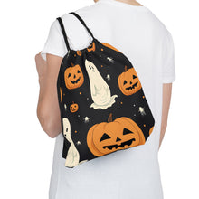 DistinctInk Drawstring Bag / Backpack with Spooky Skeleton Pumpkin Patch Design for Halloween