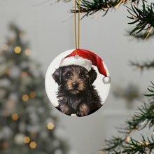 DistinctInk Hanging Ceramic Christmas Tree Ornament with Gold String - Great Gift/Present - 2 3/4 inch Diameter - Bouvier de Flandre Puppy Drawing Design