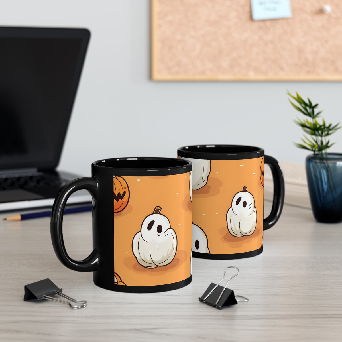 Black Coffee Mug - Ghastly Skeleton Pumpkin adorned for Halloween, view 5