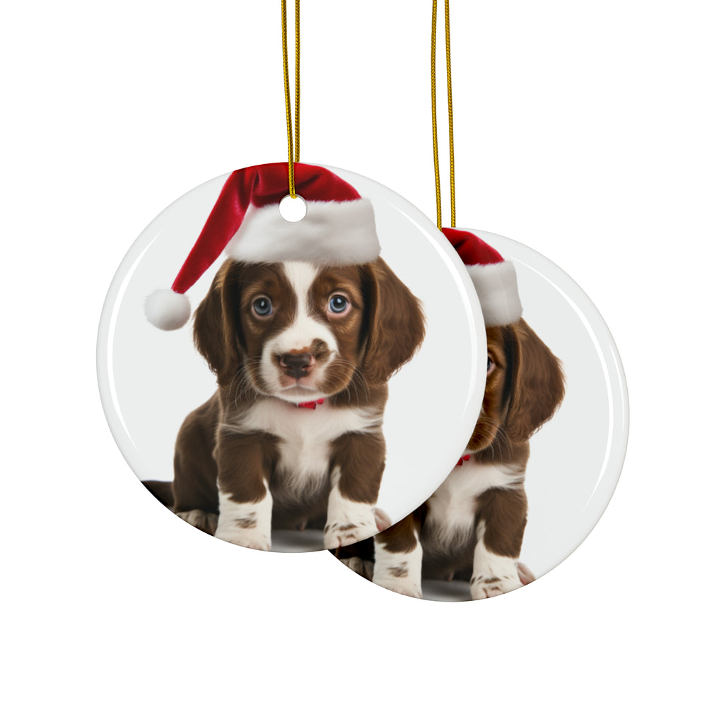 Hanging Ceramic Christmas Tree Ornament with Gold String - Harrier Puppy Design, view 2