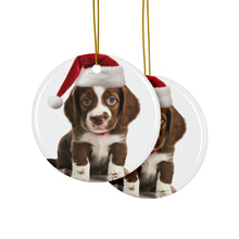 DistinctInk Hanging Ceramic Christmas Tree Ornament with Gold String - Great Gift/Present - 2 3/4 inch Diameter - Harrier Puppy Design