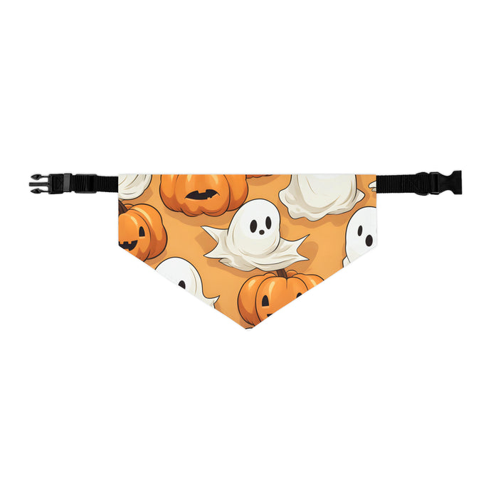 DistinctInk Adjustable Pet Banana Collar with Ghostly Skeleton Pumpkin Patch Design for Halloween