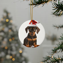 DistinctInk Hanging Ceramic Christmas Tree Ornament with Gold String - Great Gift/Present - 2 3/4 inch Diameter - German Pinscher Puppy Design