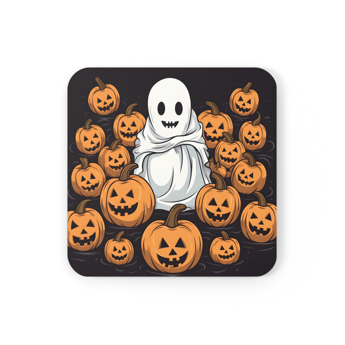 DistinctInk (Set of 4) Corkwood Coasters with Skeletal Ghostly Pumpkin PatchDesign for Halloween