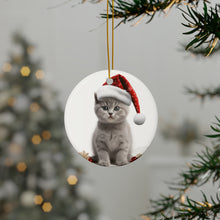 DistinctInk Hanging Ceramic Christmas Tree Ornament with Gold String - Great Gift/Present - 2 3/4 inch Diameter - British Shorthair Kitten Design
