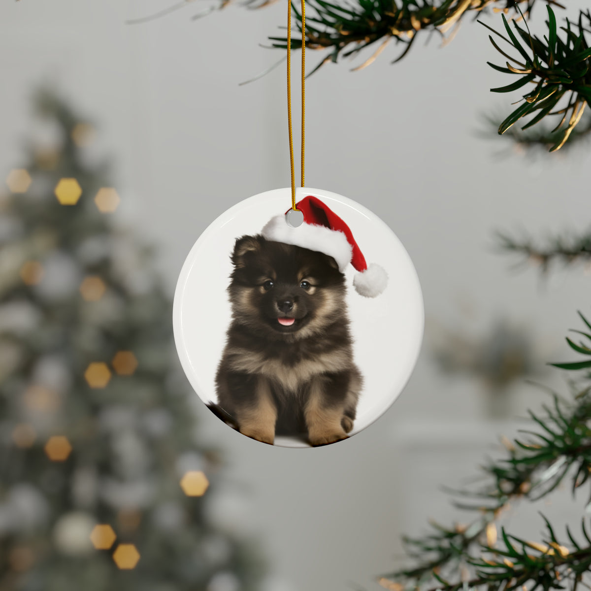 Hanging Ceramic Christmas Tree Ornament with Gold String - Finnish Lapphund Puppy Design, view 3