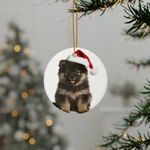 DistinctInk Hanging Ceramic Christmas Tree Ornament with Gold String - Great Gift/Present - 2 3/4 inch Diameter - Finnish Lapphund Puppy Design