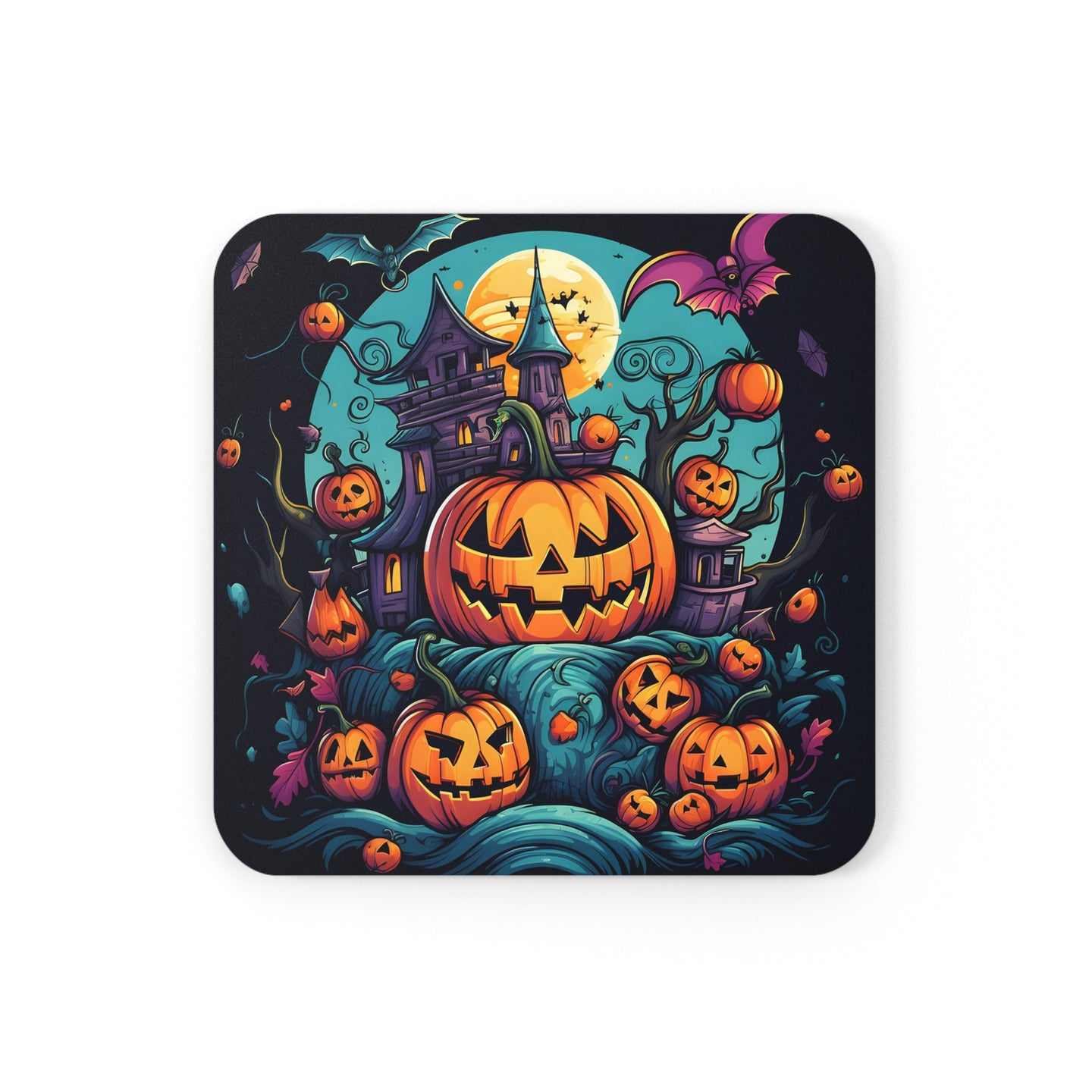 DistinctInk (Set of 4) Corkwood Coasters with Trick or Treat Parade Design for Halloween