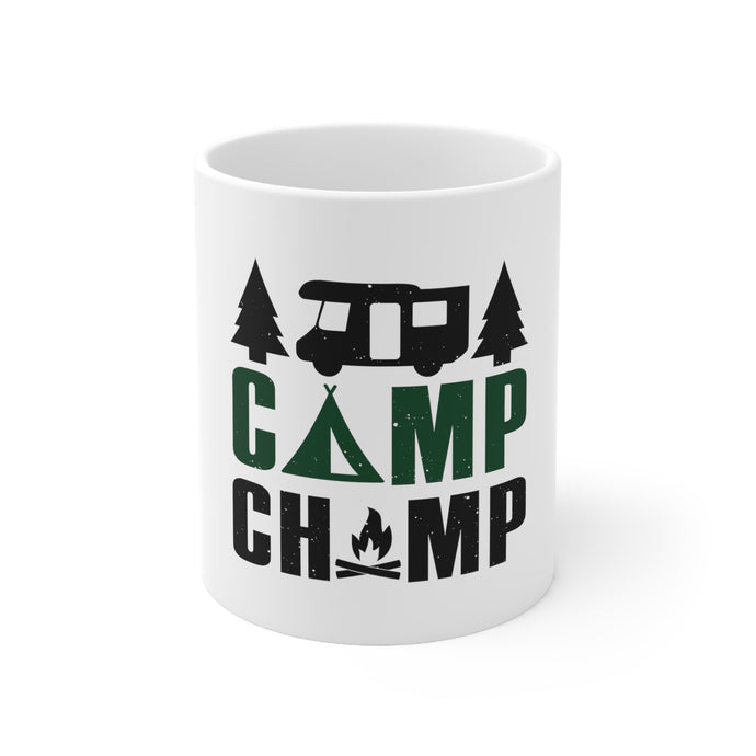 DistinctInk Glossy White Coffee / Tea Mug - Camp Champ - Camping Fire