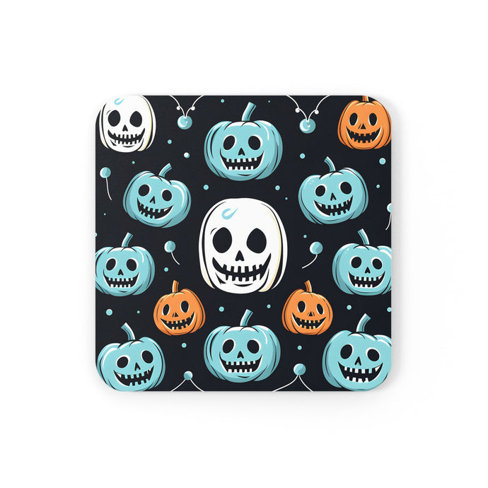 DistinctInk (Set of 4) Corkwood Coasters with Skele-Ghostly Pumpkin PatchDesign for Halloween