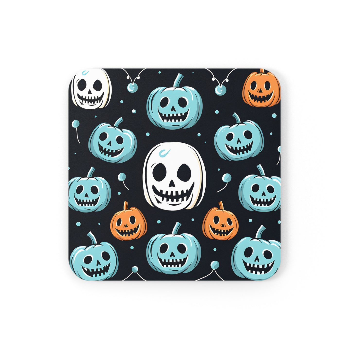 DistinctInk (Set of 4) Corkwood Coasters with Skele-Ghostly Pumpkin PatchDesign for Halloween