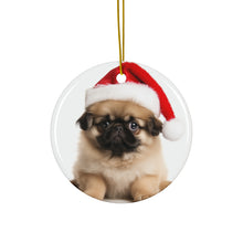 DistinctInk Hanging Ceramic Christmas Tree Ornament with Gold String - Great Gift/Present - 2 3/4 inch Diameter - Pekingese Puppy Design