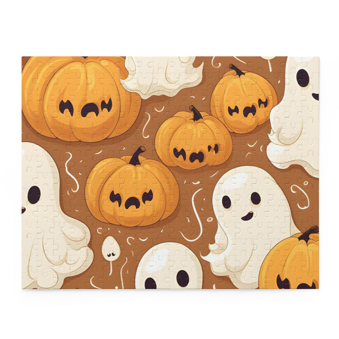 DistinctInk Jigsaw Puzzle with Ghastly Skeleton Pumpkin Cartoon Design for Halloween