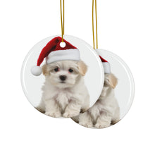 DistinctInk Hanging Ceramic Christmas Tree Ornament with Gold String - Great Gift/Present - 2 3/4 inch Diameter - Maltese Puppy Design