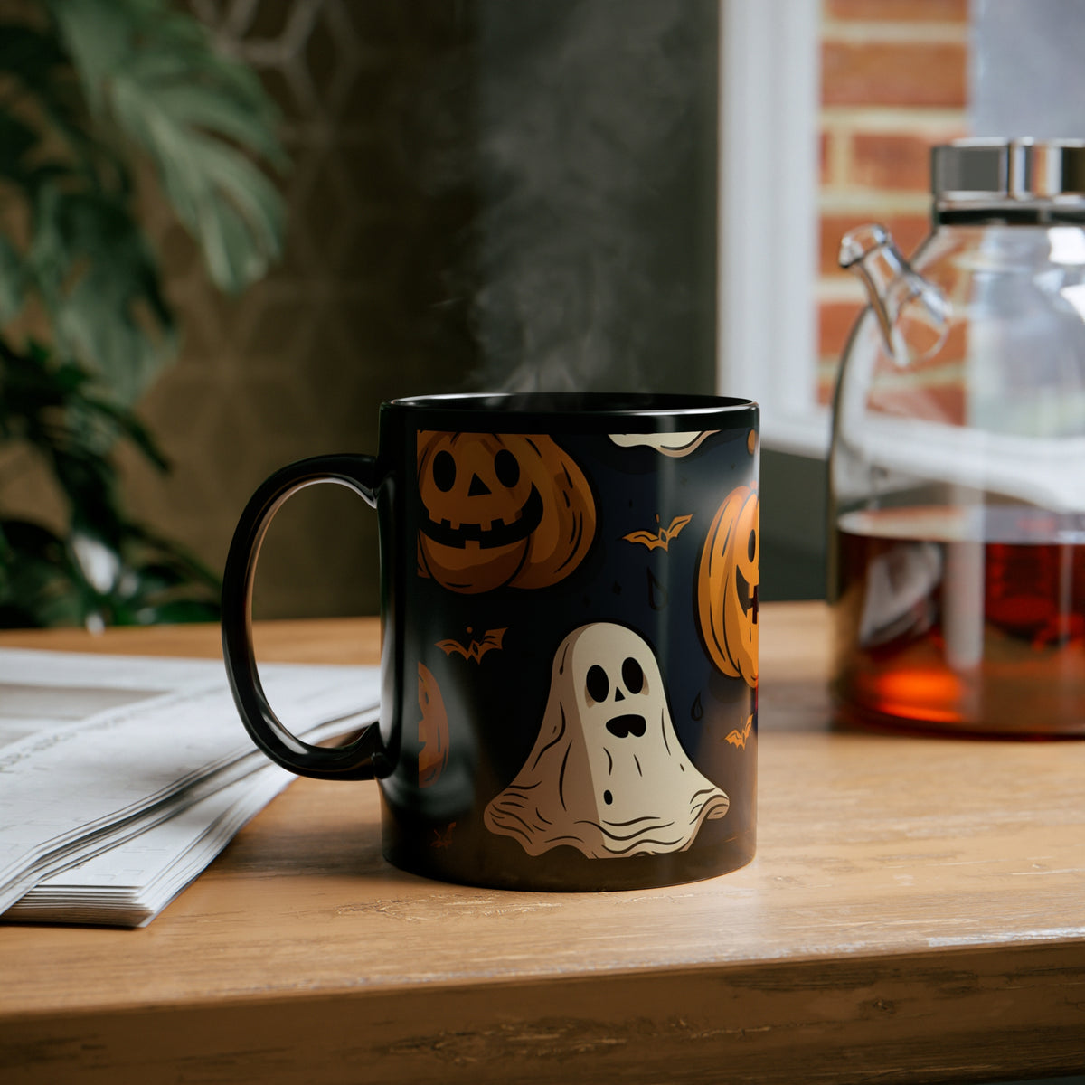 Black Coffee Mug - Ghost Skeleton Pumpkin Bash for Halloween, view 6