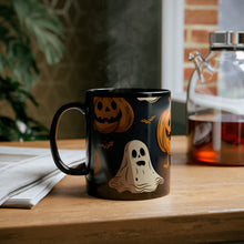 DistinctInk Black Coffee Mug - Ghost Skeleton Pumpkin Bash for Halloween