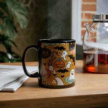 DistinctInk Black Coffee Mug - Flying Pumpkin Bats for Halloween