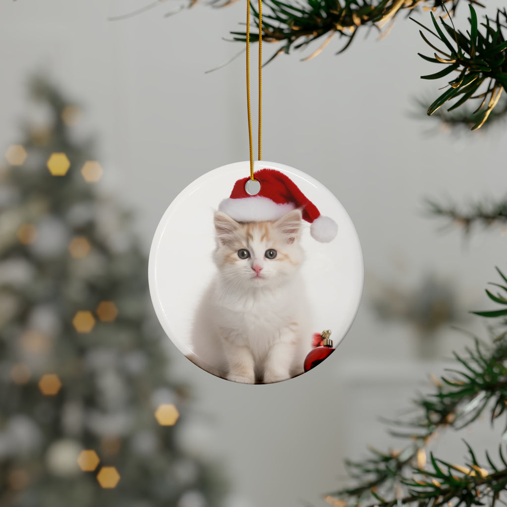 Hanging Ceramic Christmas Tree Ornament with Gold String - Turkish Van Cat Design, view 3