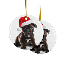 DistinctInk Hanging Ceramic Christmas Tree Ornament with Gold String - Great Gift/Present - 2 3/4 inch Diameter - Staffordshire Bull Terrier Puppy Design