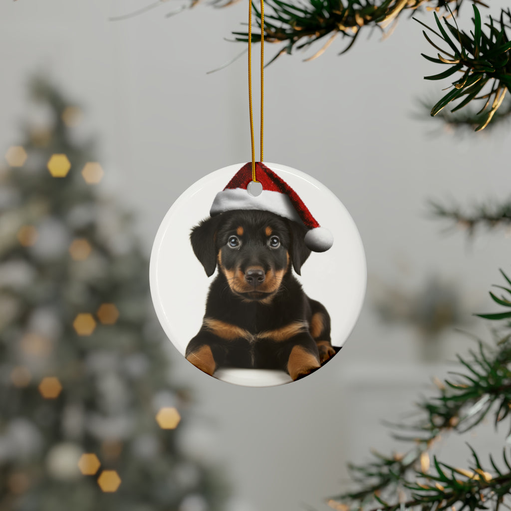 Hanging Ceramic Christmas Tree Ornament with Gold String - Beauceron Puppy Design, view 3