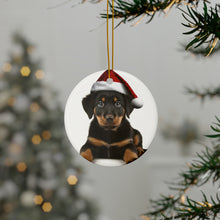 DistinctInk Hanging Ceramic Christmas Tree Ornament with Gold String - Great Gift/Present - 2 3/4 inch Diameter - Beauceron Puppy Design