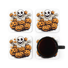 DistinctInk (Set of 4) Corkwood Coasters with Ghostly Skeleton and PumpkinsDesign for Halloween