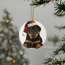 DistinctInk Hanging Ceramic Christmas Tree Ornament with Gold String - Great Gift/Present - 2 3/4 inch Diameter - Rottweiler Puppy Design