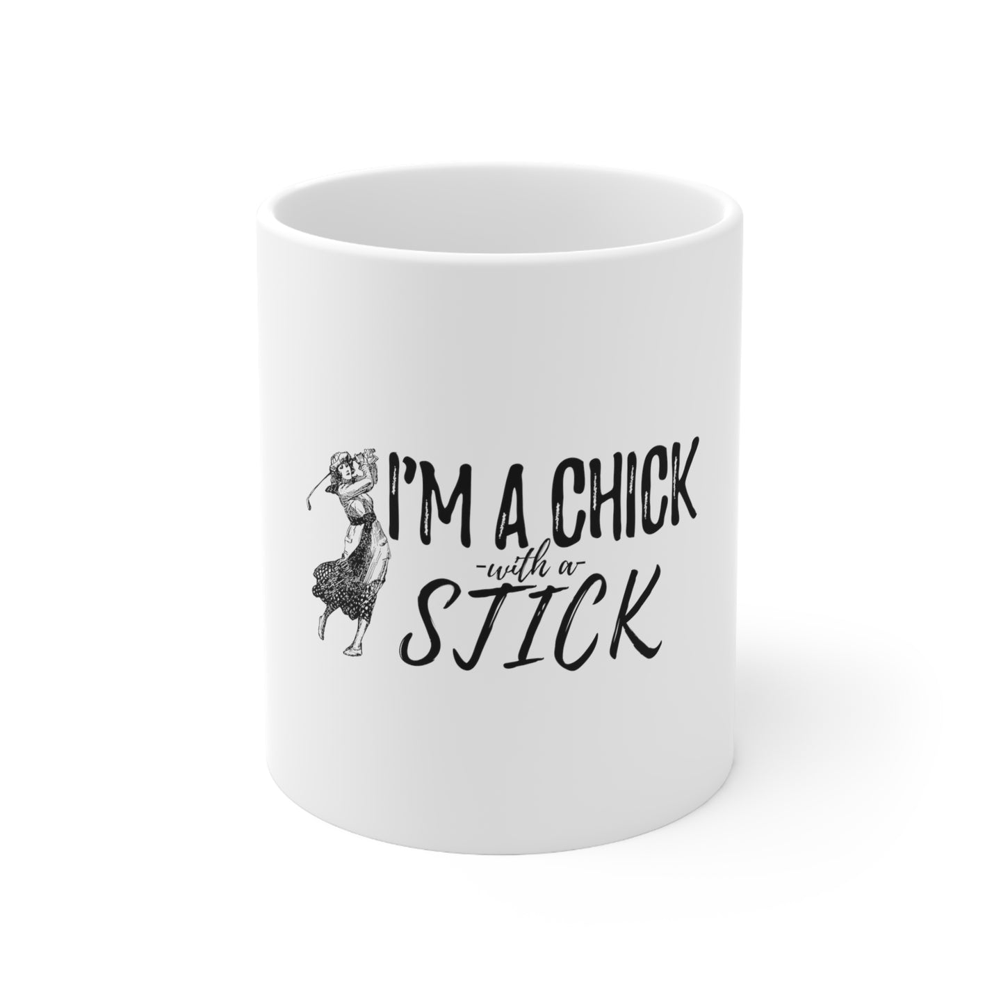 DistinctInk Glossy White Coffee / Tea Mug - I'm a Chick with a Stick Golf