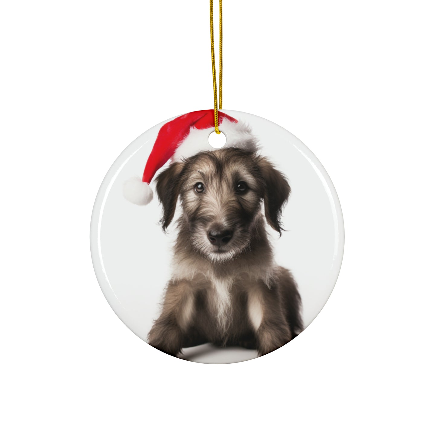 DistinctInk Hanging Ceramic Christmas Tree Ornament with Gold String - Great Gift/Present - 2 3/4 inch Diameter - Irish Wolfhound Puppy Design