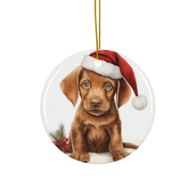 DistinctInk Hanging Ceramic Christmas Tree Ornament with Gold String - Great Gift/Present - 2 3/4 inch Diameter - Wirehaired Vizsla Puppy Drawing Design