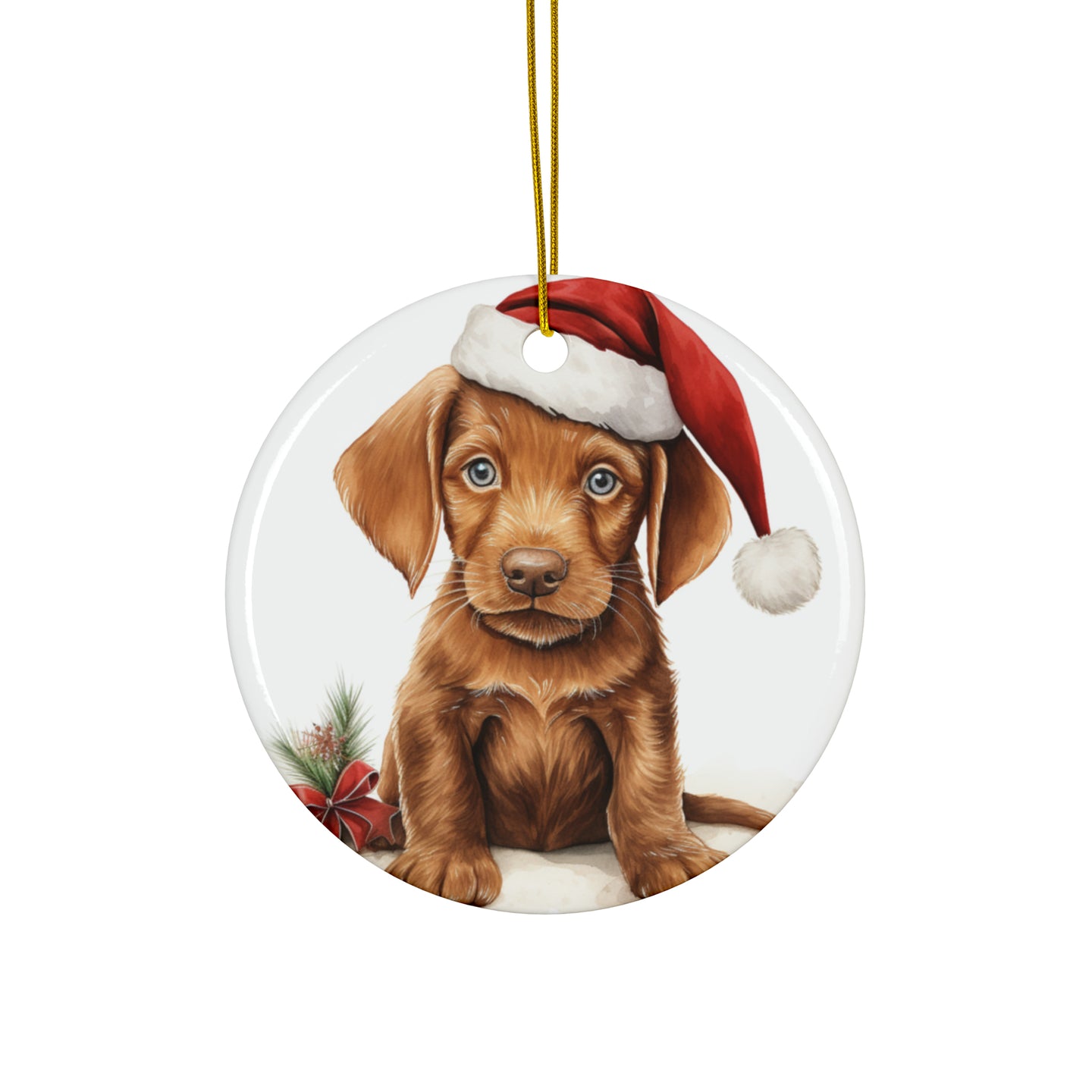 DistinctInk Hanging Ceramic Christmas Tree Ornament with Gold String - Great Gift/Present - 2 3/4 inch Diameter - Wirehaired Vizsla Puppy Drawing Design