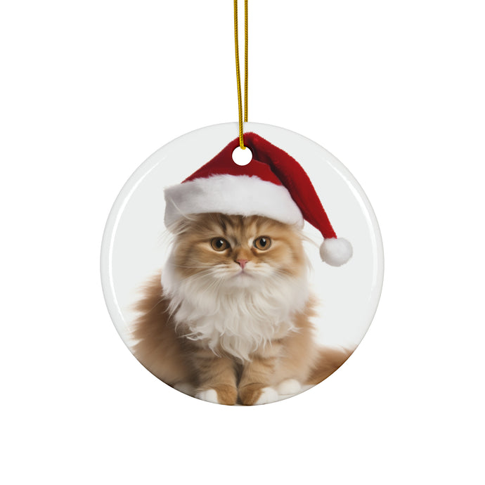 DistinctInk Hanging Ceramic Christmas Tree Ornament with Gold String - Great Gift/Present - 2 3/4 inch Diameter - Ragamuffin Cat Design