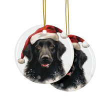 DistinctInk Hanging Ceramic Christmas Tree Ornament with Gold String - Great Gift/Present - 2 3/4 inch Diameter - Flat-Coated Retriever Design