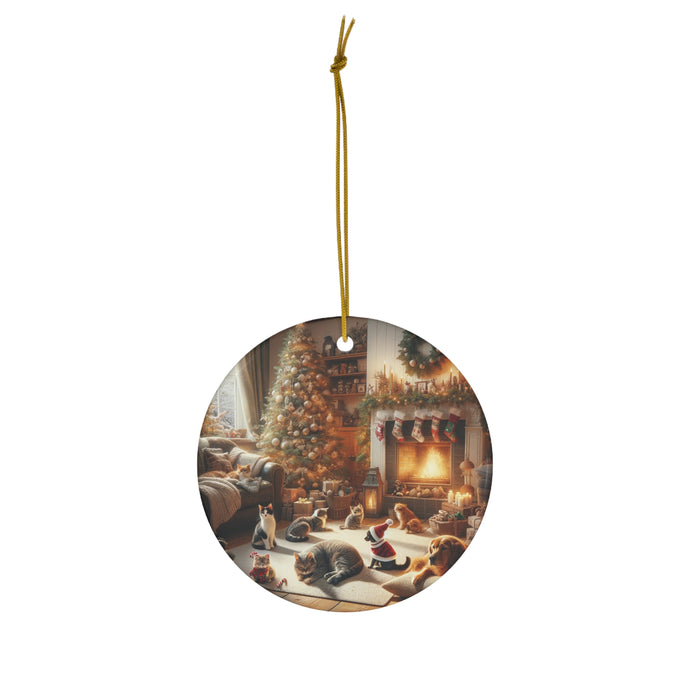 DistinctInk Hanging Ceramic Christmas Tree Ornament Charm with Gold String - Great Gift/Present - 2 3/4 inch Diameter - Christmas Coziness with Pets
