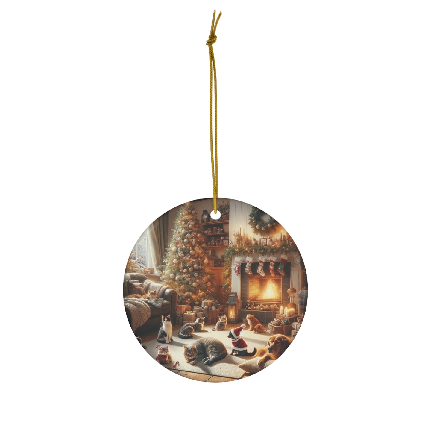 DistinctInk Hanging Ceramic Christmas Tree Ornament Charm with Gold String - Great Gift/Present - 2 3/4 inch Diameter - Christmas Coziness with Pets