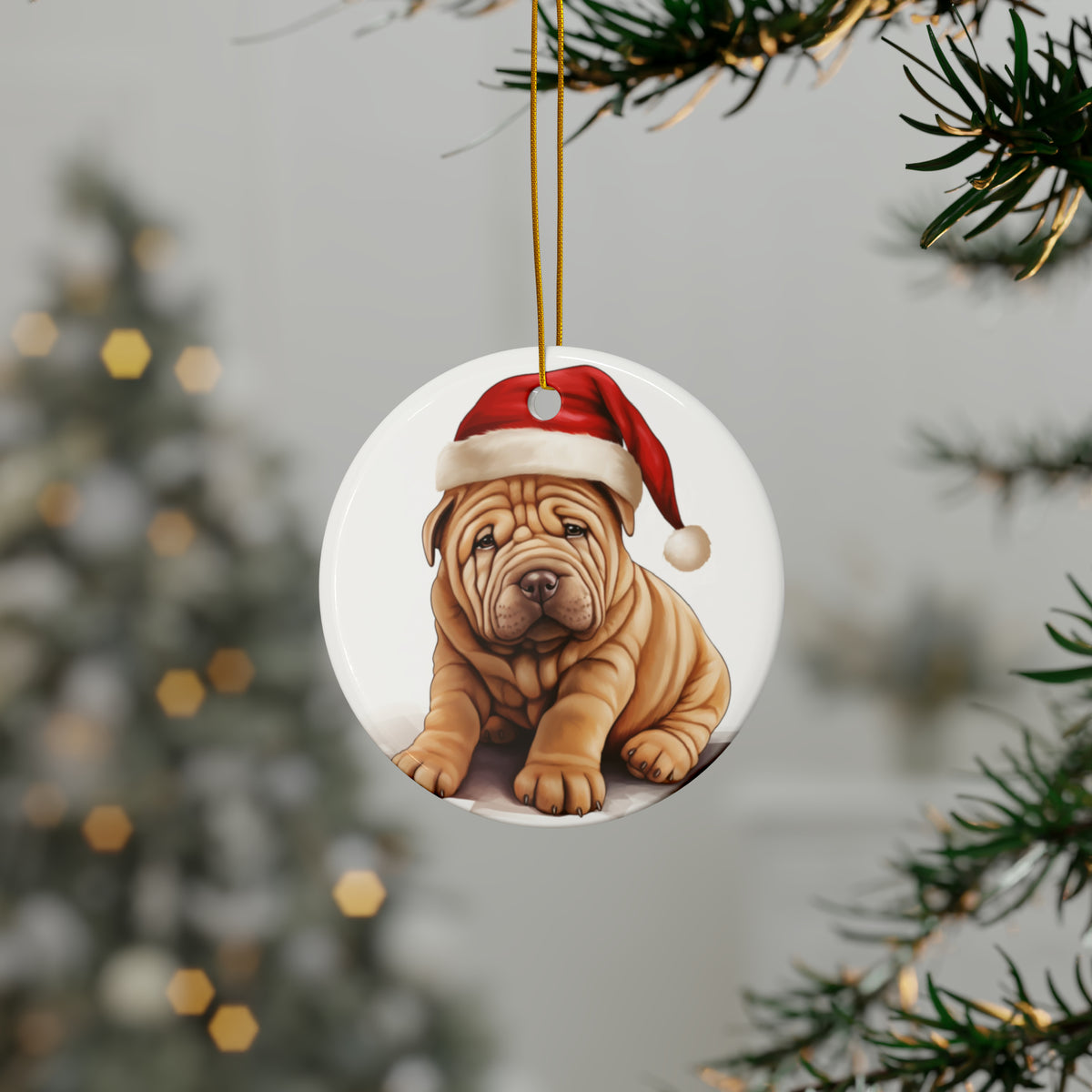 Hanging Ceramic Christmas Tree Ornament with Gold String - Chinese Shar-Pei Puppy Drawing Design, view 3