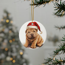 DistinctInk Hanging Ceramic Christmas Tree Ornament with Gold String - Great Gift/Present - 2 3/4 inch Diameter - Chinese Shar-Pei Puppy Drawing Design