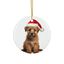 DistinctInk Hanging Ceramic Christmas Tree Ornament with Gold String - Great Gift/Present - 2 3/4 inch Diameter - Norfolk Terrier Puppy Design