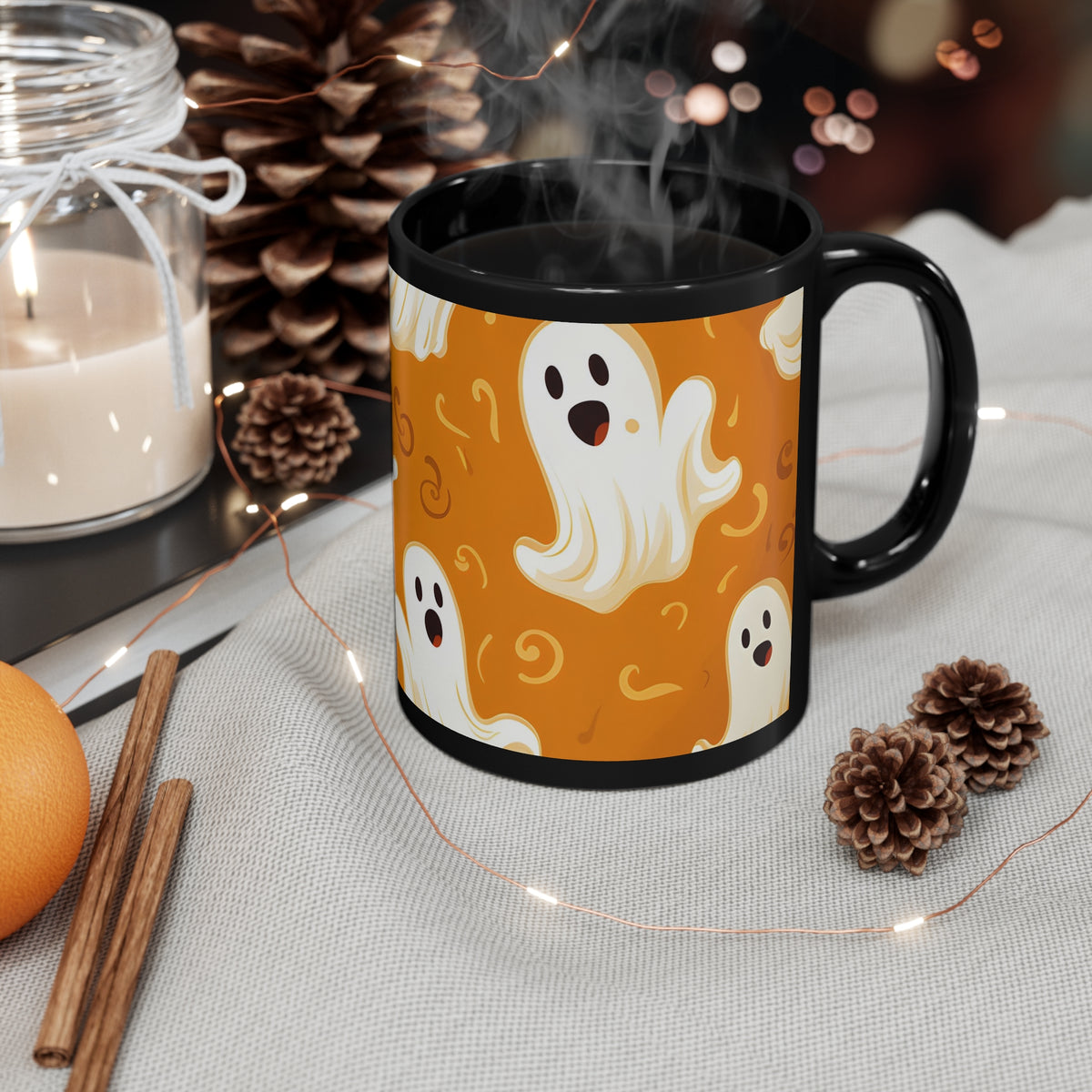 Black Coffee Mug - Ghost Skeleton Pumpkin Pattern for Halloween, view 4