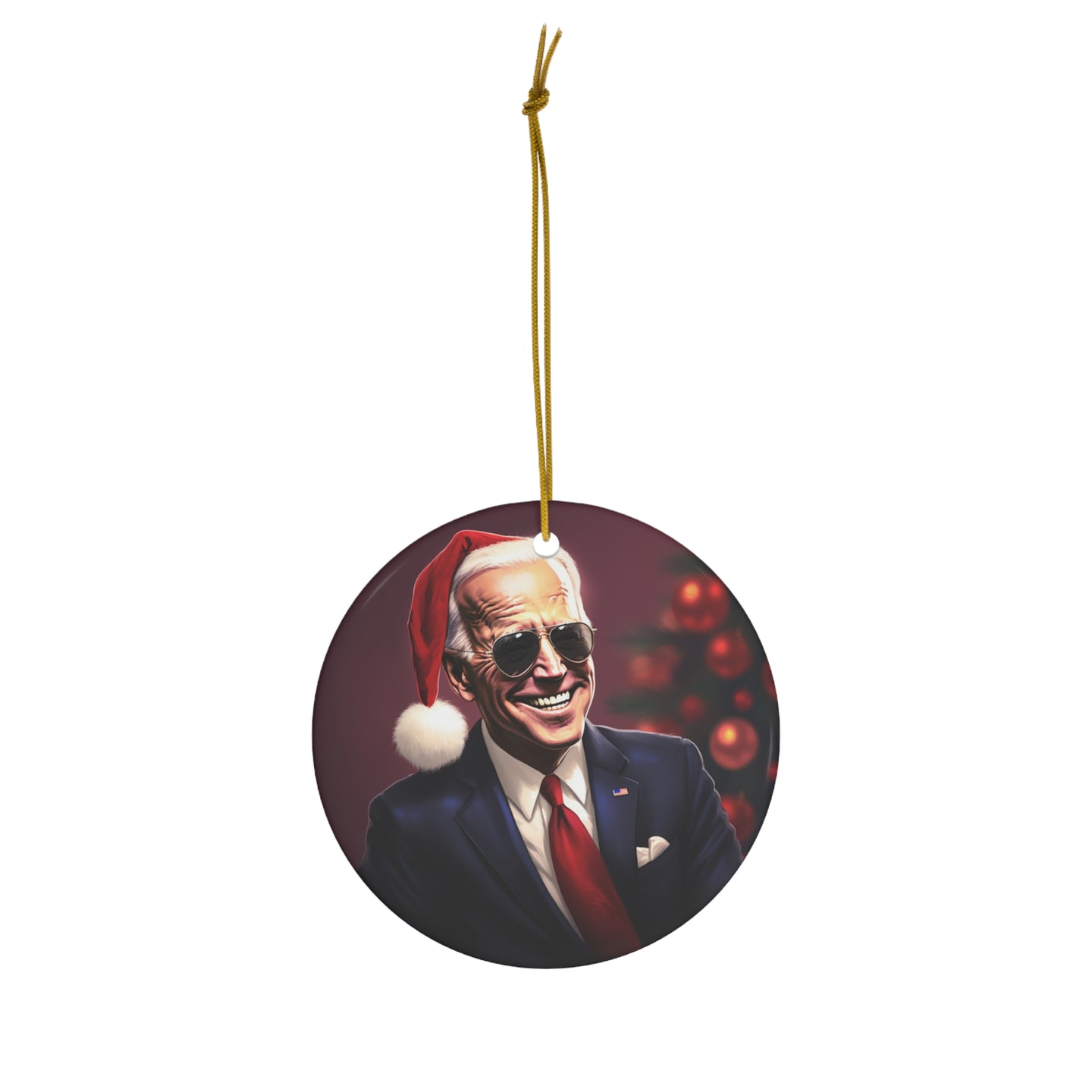 DistinctInk Hanging Ceramic Christmas Tree Ornament Charm with Gold String - Great Gift/Present - 2 3/4 inch Diameter - Biden's Merry Christmas Cool Sunglasses