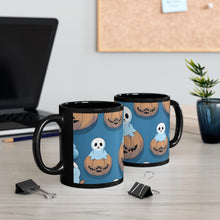 DistinctInk Black Coffee Mug - Ghost Skeleton Pumpkin Pattern for Halloween
