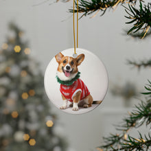 DistinctInk Hanging Ceramic Christmas Tree Ornament with Gold String - Great Gift/Present - 2 3/4 inch Diameter - Cardigan Welsh Corgi Design