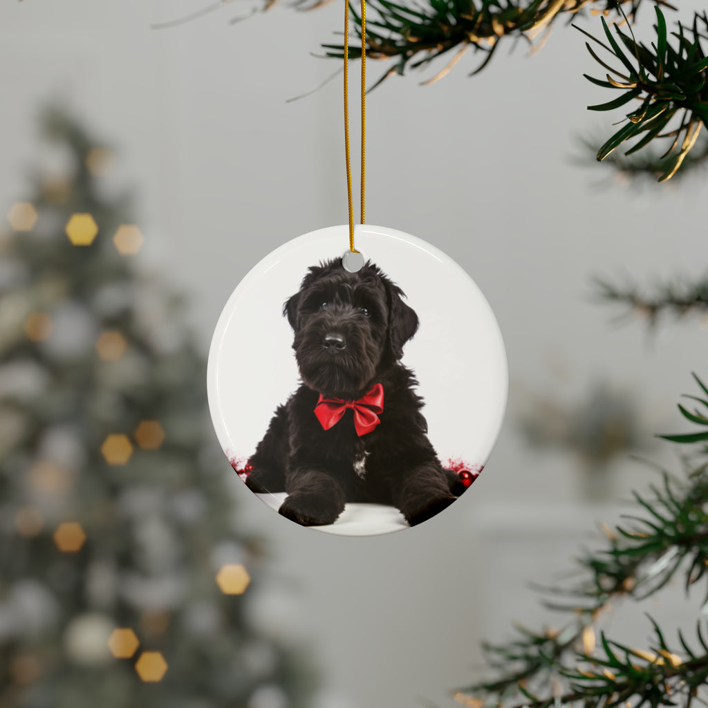 Hanging Ceramic Christmas Tree Ornament with Gold String - Black Russian Terrier Puppy Design, view 3
