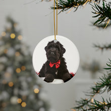 DistinctInk Hanging Ceramic Christmas Tree Ornament with Gold String - Great Gift/Present - 2 3/4 inch Diameter - Black Russian Terrier Puppy Design